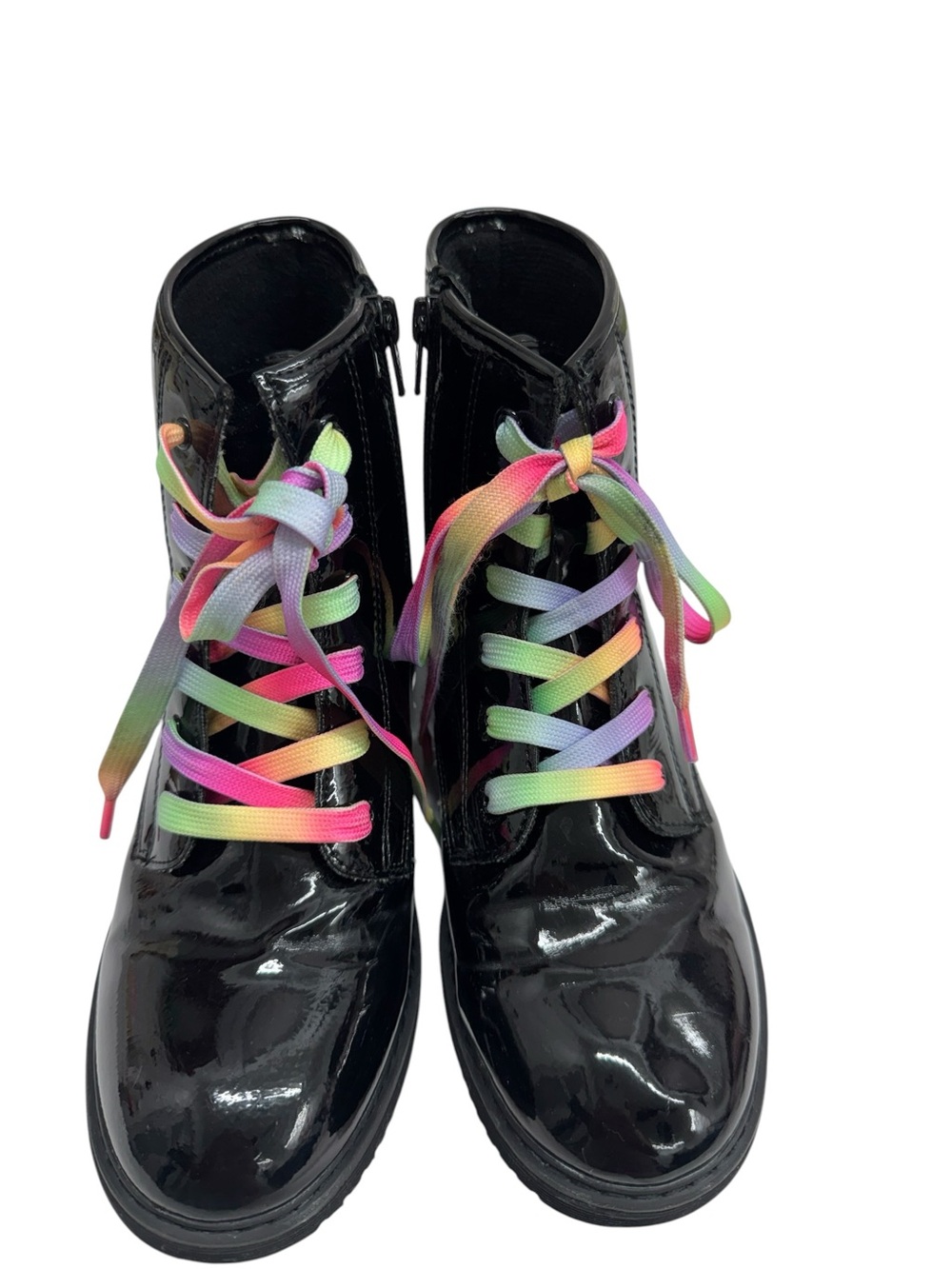 Place Black Patent Boots with Rainbow Laces